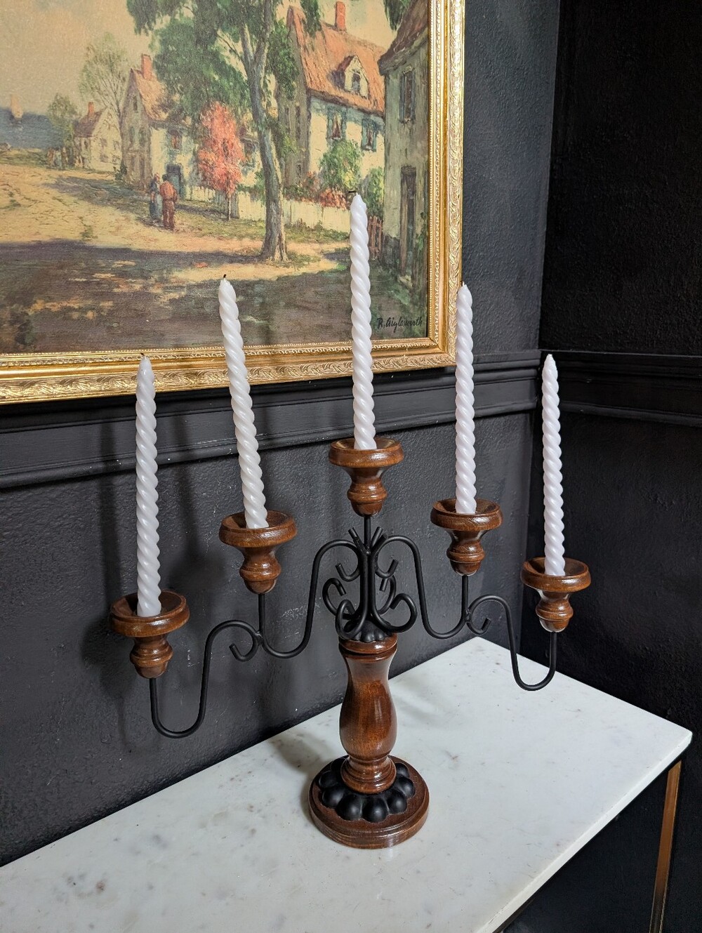 Vintage MCM Homco Wrought Iron And Wood Candelabra Candlestick Holder 5 Arms